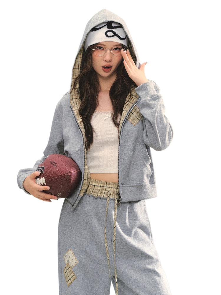 Plaid Appliqué Embroidery Zip-up Hoodie