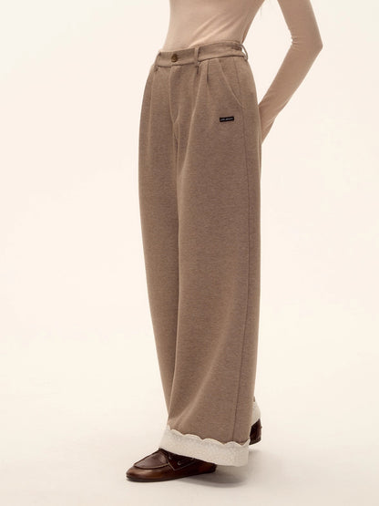 Embroidered Hem Wool Blend Wide-Leg Trousers