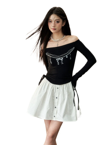 Black  One-Shoulder Pearl Chain Printed Dress - CHINASQUAD