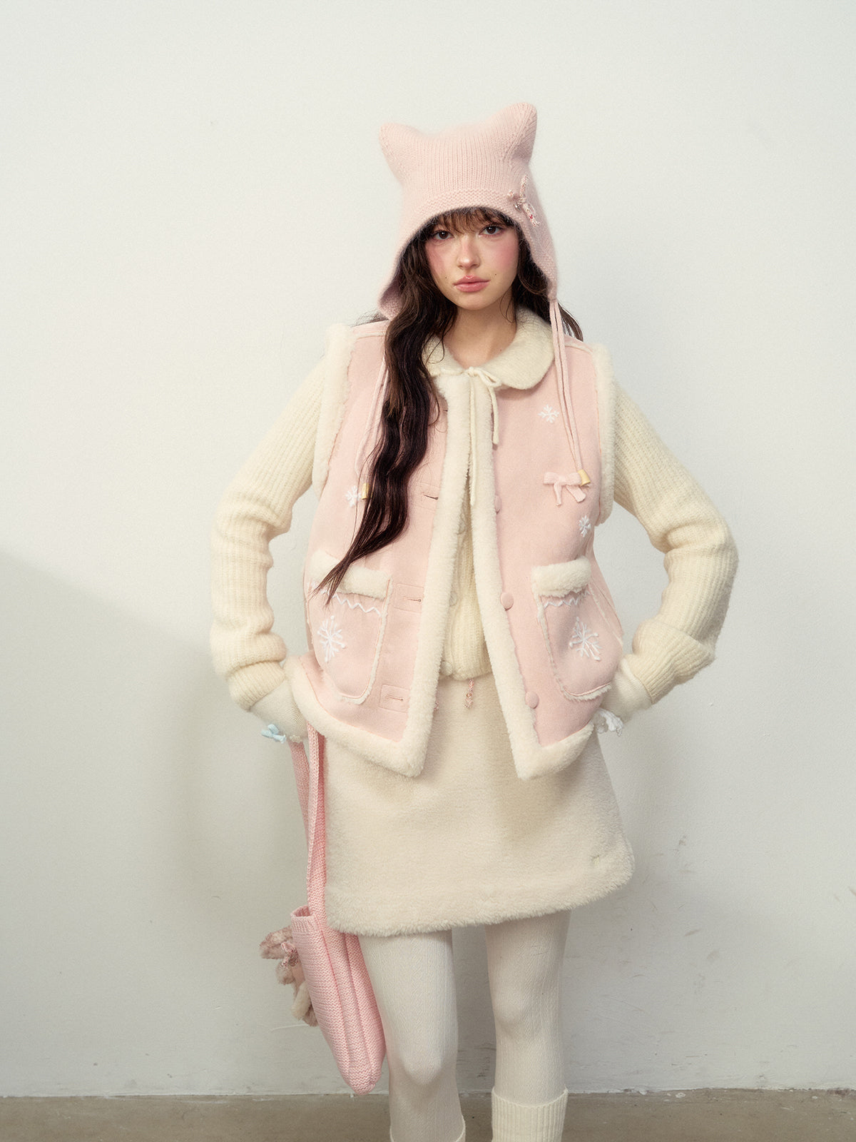 Pink Snowflake Embroidered Faux Shearling Vest