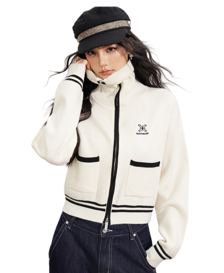 Contrast Trim Zip-Up Sailor Collar Knit Cardigan