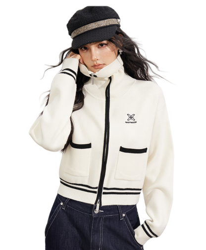 Contrast Trim Zip-Up Sailor Collar Knit Cardigan