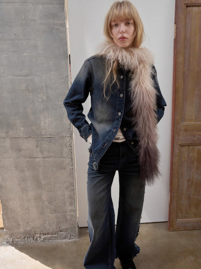 Vintage Washed Frayed Denim Fitted Shirt