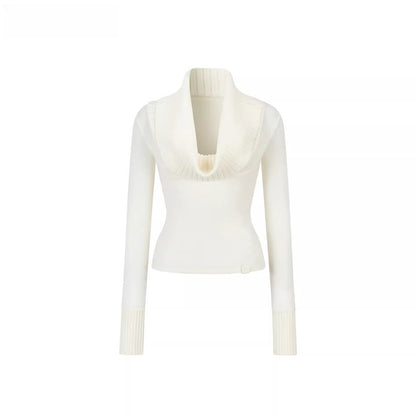 Draped Cowl-Neck Patchwork Knit Sweater