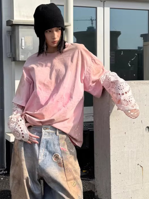 Lace-Panel Spray-Dyed Cotton T-Shirt