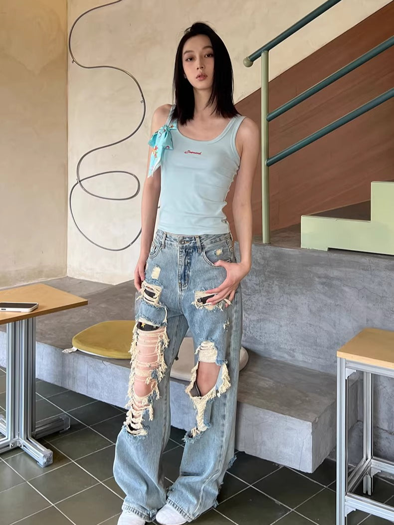 Straight-Leg Distressed Denim Jeans