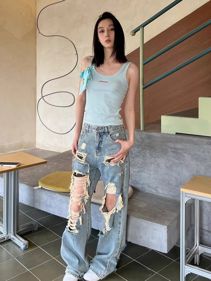 Straight-Leg Distressed Denim Jeans