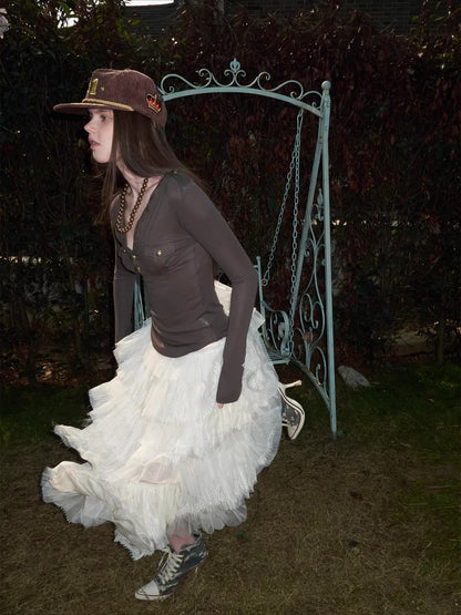 French Lace Layered Tulle Midi Skirt