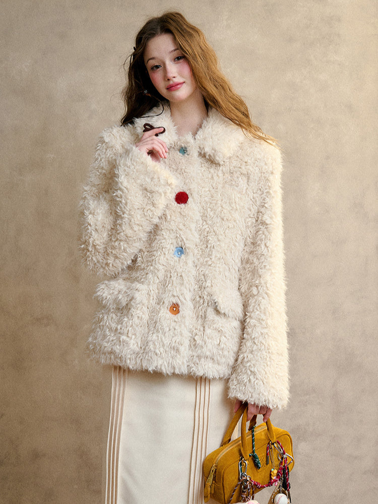 Cream Strawberry Gray-Blue Fur Jacket