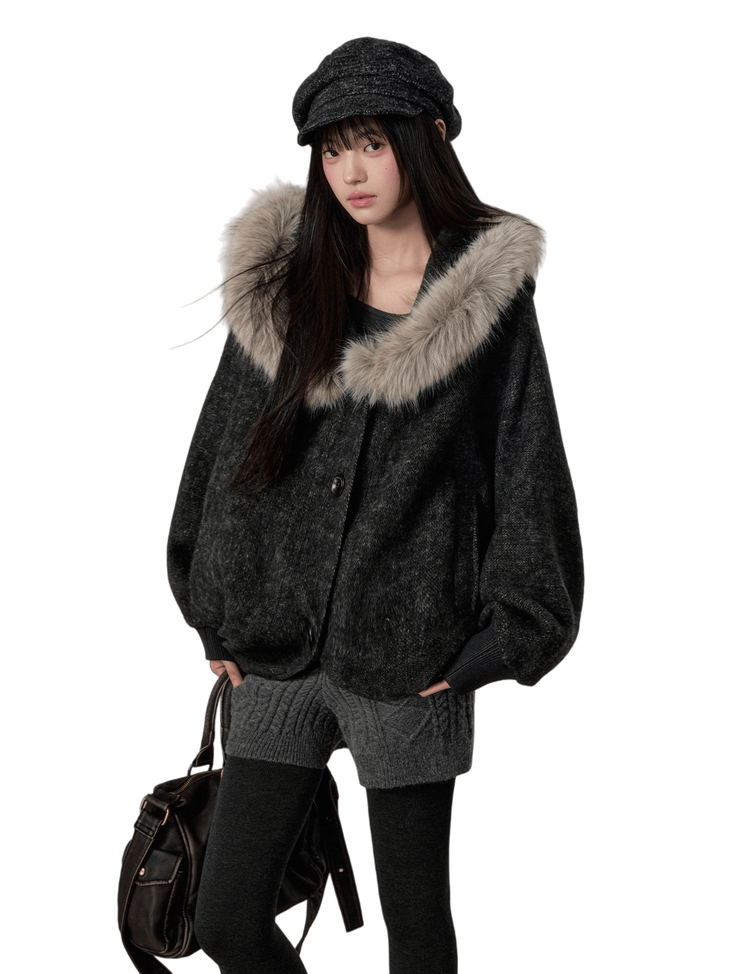 Fur Collar Wool-Blend Batwing Cape