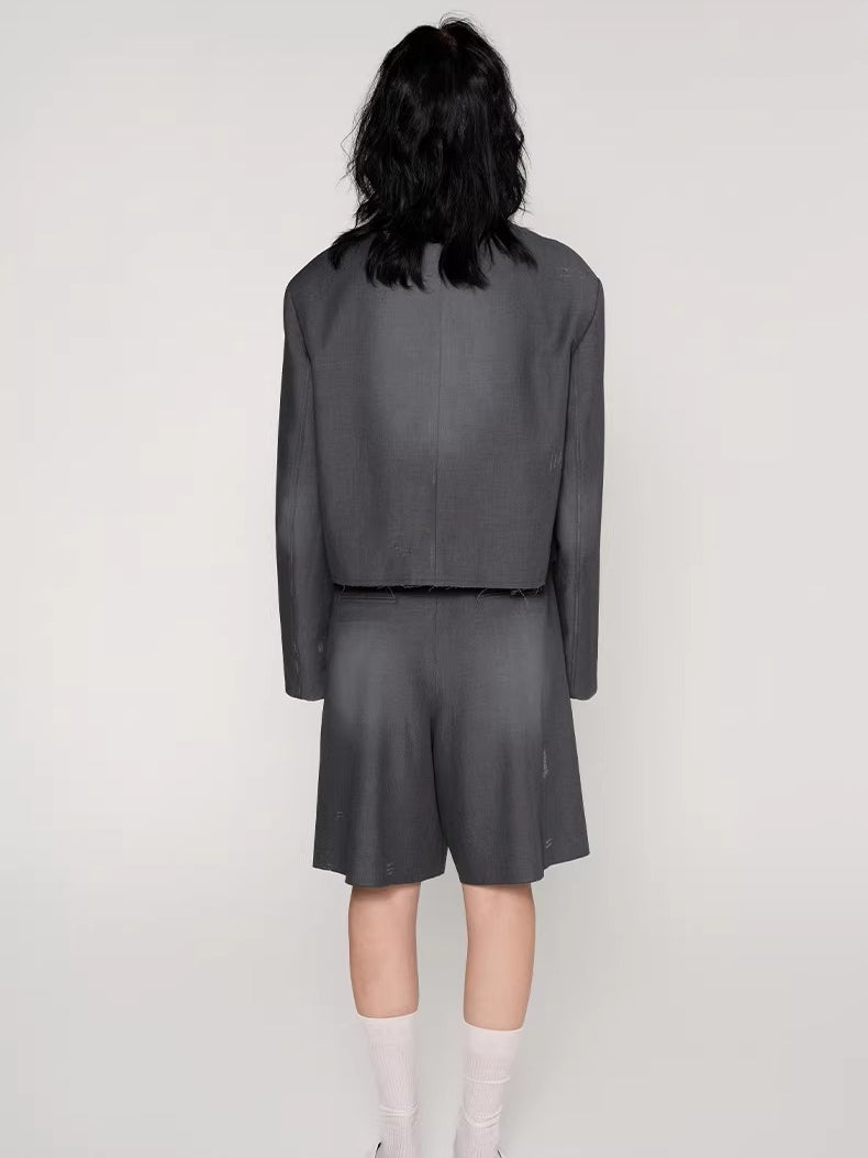 Washed Fringe-Edge Collarless Cropped Blazer