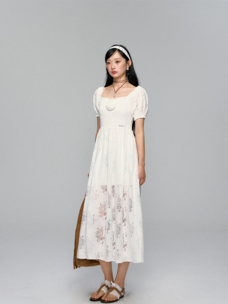 Puff-Sleeve Flower Hollowed Dress