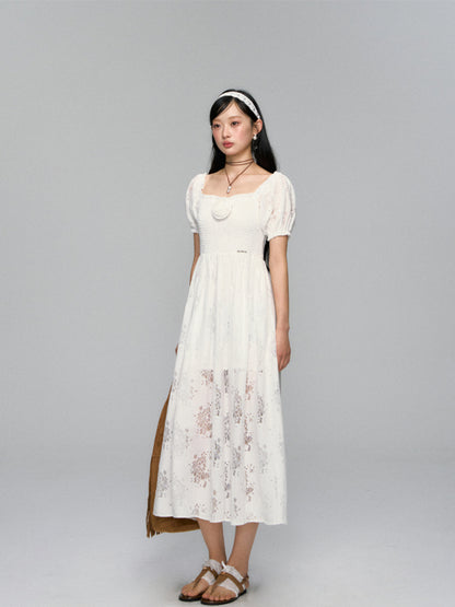 Puff-Sleeve Flower Hollowed Dress
