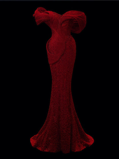 Crimson Sculptural Off-Shoulder Beaded Mermaid Gown