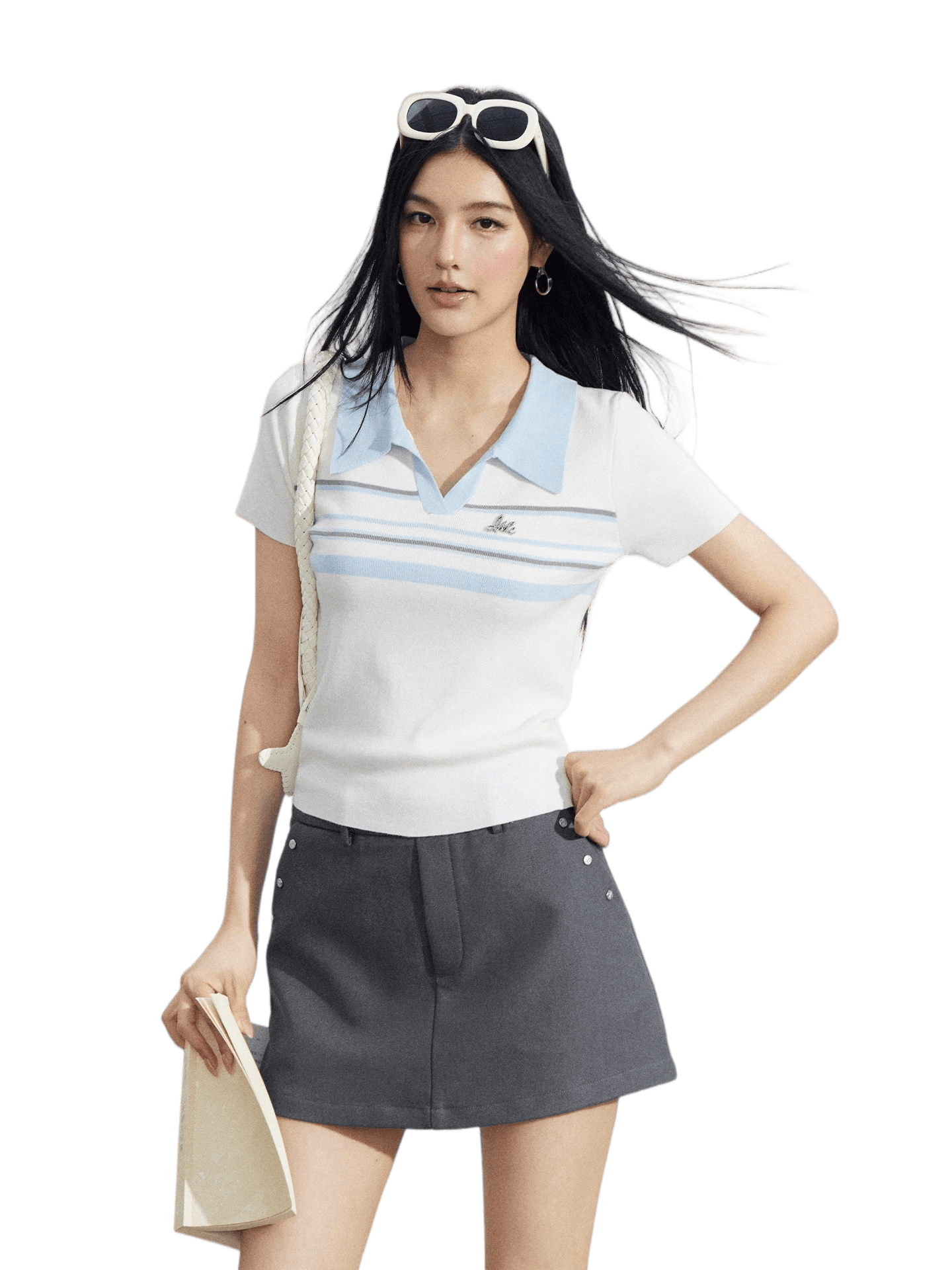 Striped Contrast Collar Ice Silk Polo Top