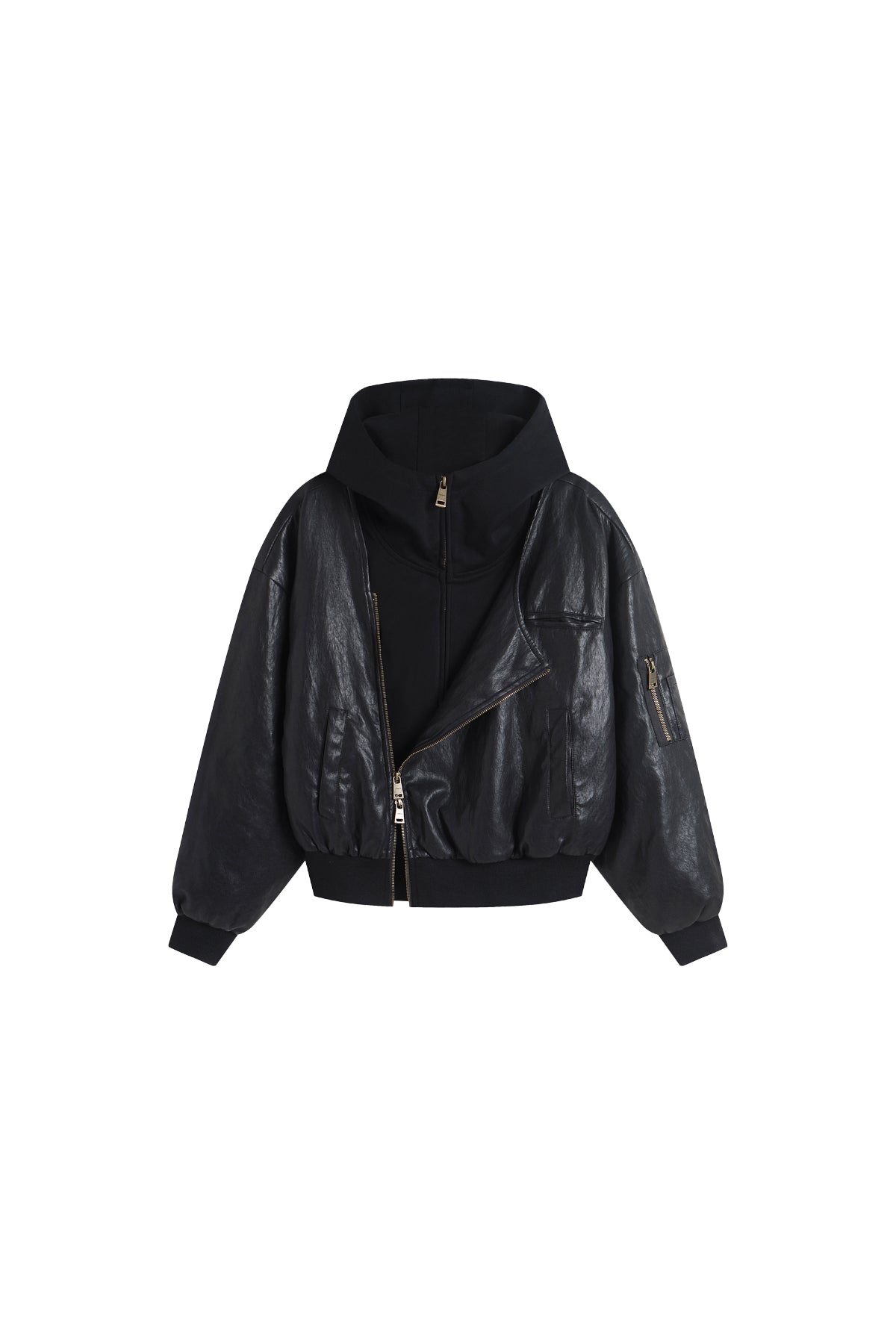 Oversized Leather Bomber Jacket in Black