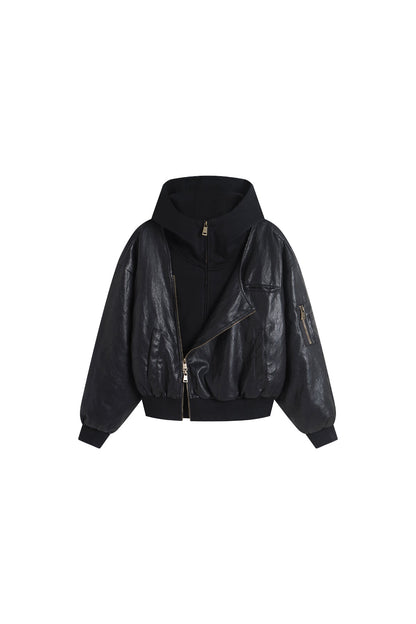 Oversized Leather Bomber Jacket in Black