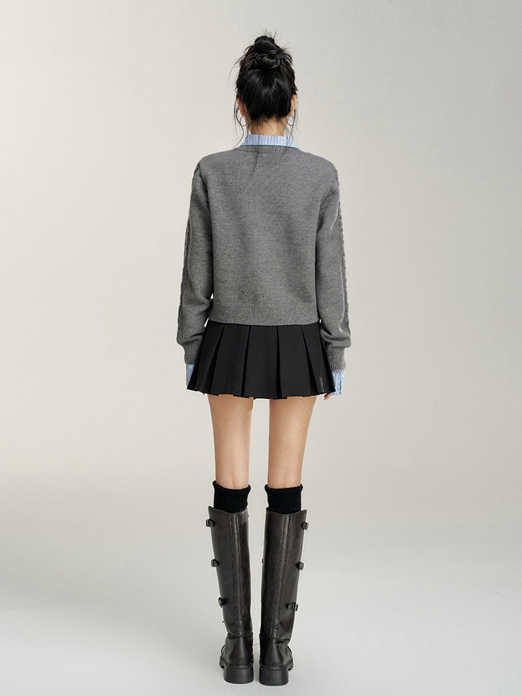 Bowknot Cable-Knit Round Neck Sweater