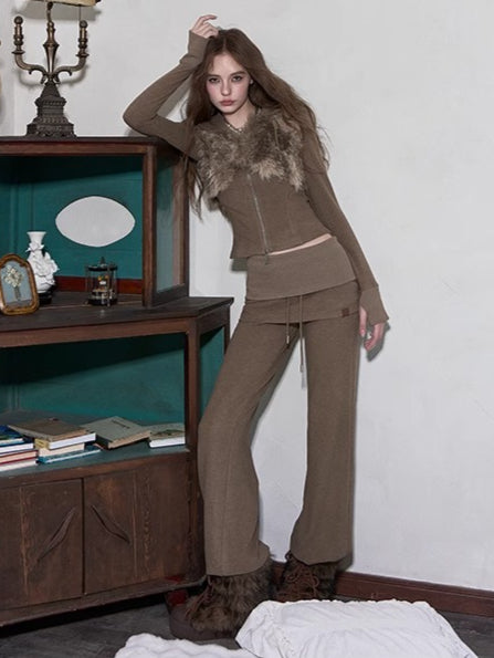 Faux Fur Drawstring Zip-up Hoodie