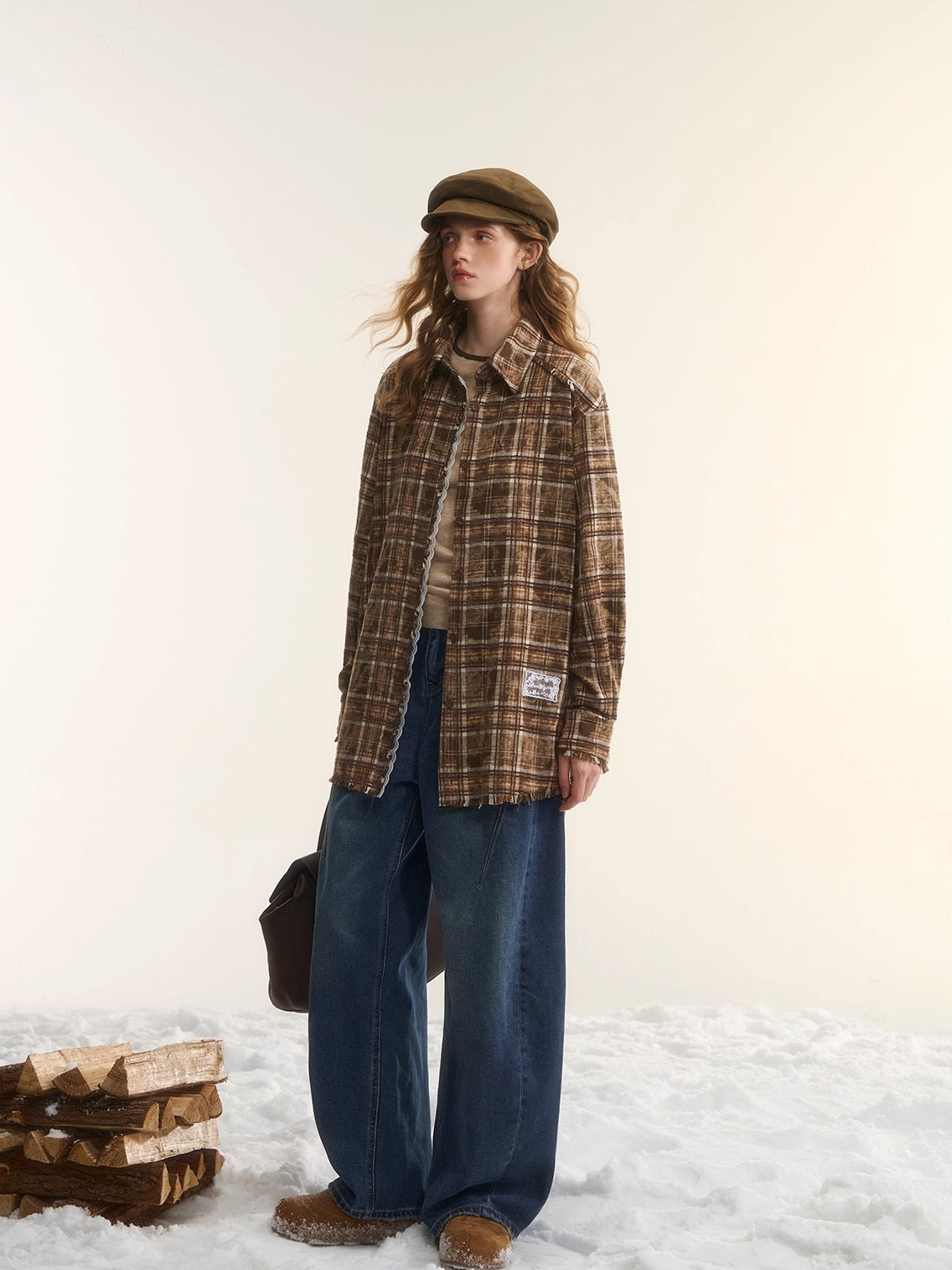 Oversized Lace-Trim Patchwork Plaid Shirt