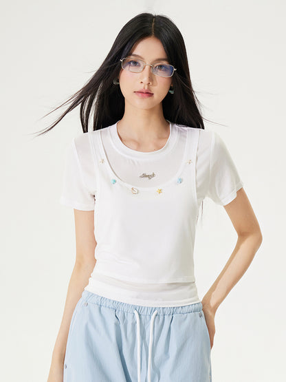 Fake Two-piece Cool Tie-front Regular Shoulder T-shirt - CHINASQUAD