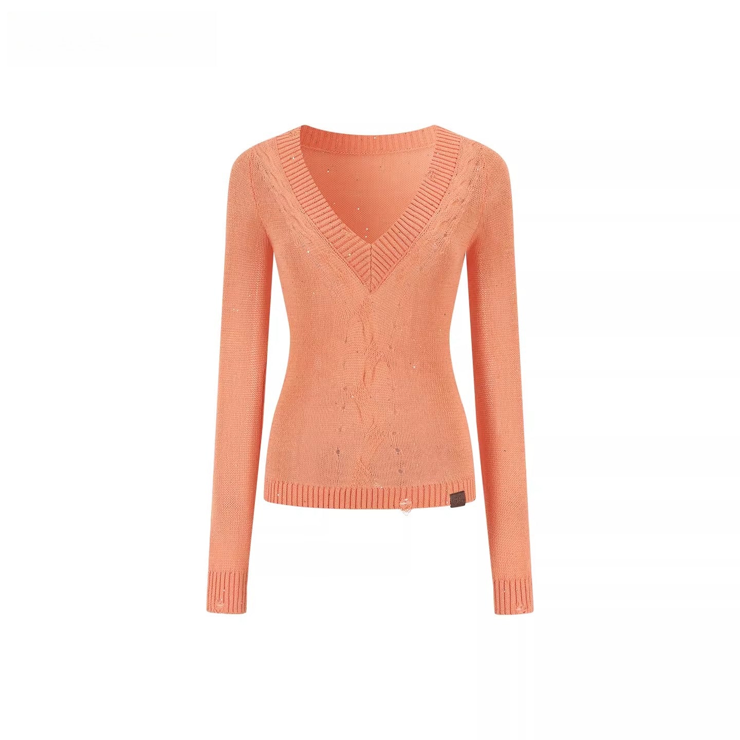 Distressed Openwork V-Neck Knit Top