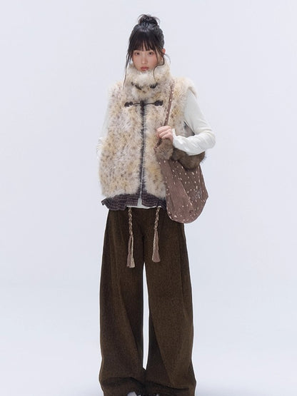 Faux Fur Leopard-Panel Lace-Trim Vest