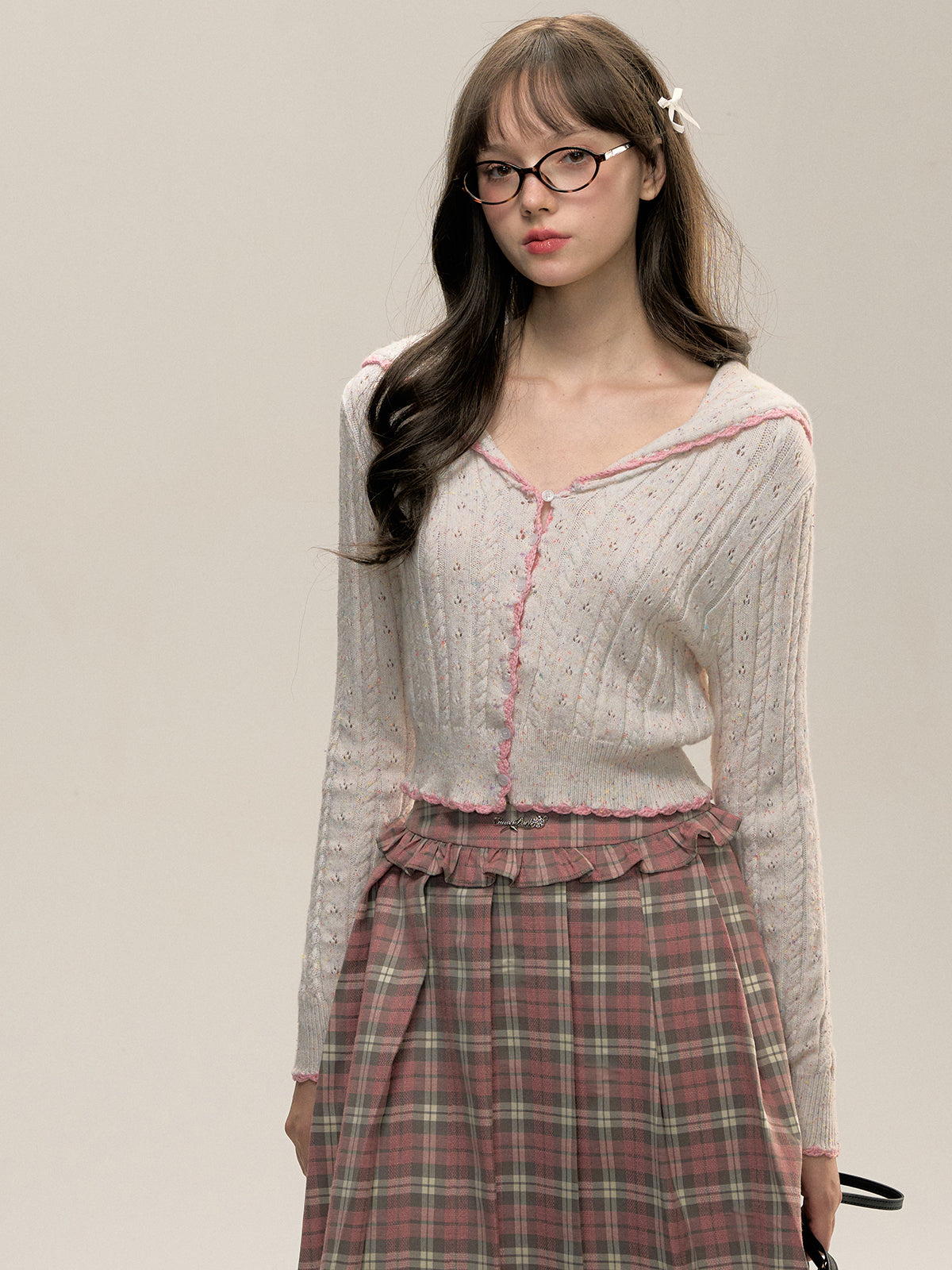 Pink &amp; Gray Sailor Collar Knitted Cardigan