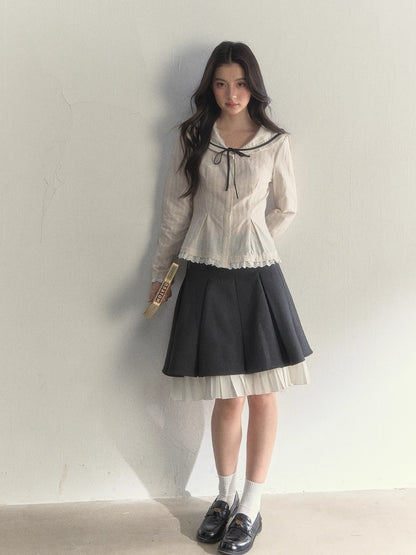 Nautical Texture Beige Fitted Blouse