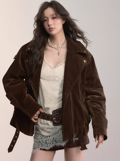 Belt Detail Retro Corduroy Down Jacket