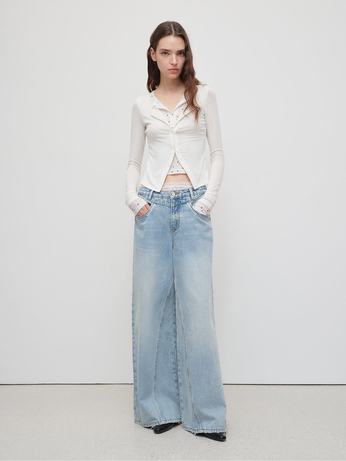 Light Blue Structured Wide-Leg Denim Pants