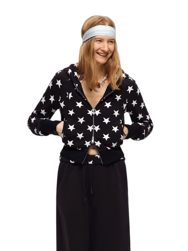 Double-Zip Star Print Cotton Hooded Jacket