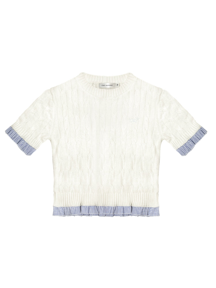 Ruffled Edge Cable Knit Short-Sleeve Top