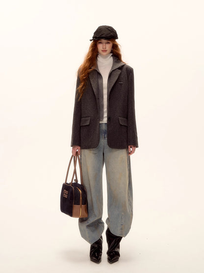 Grey Layered Wool-Blend Hoodie Blazer