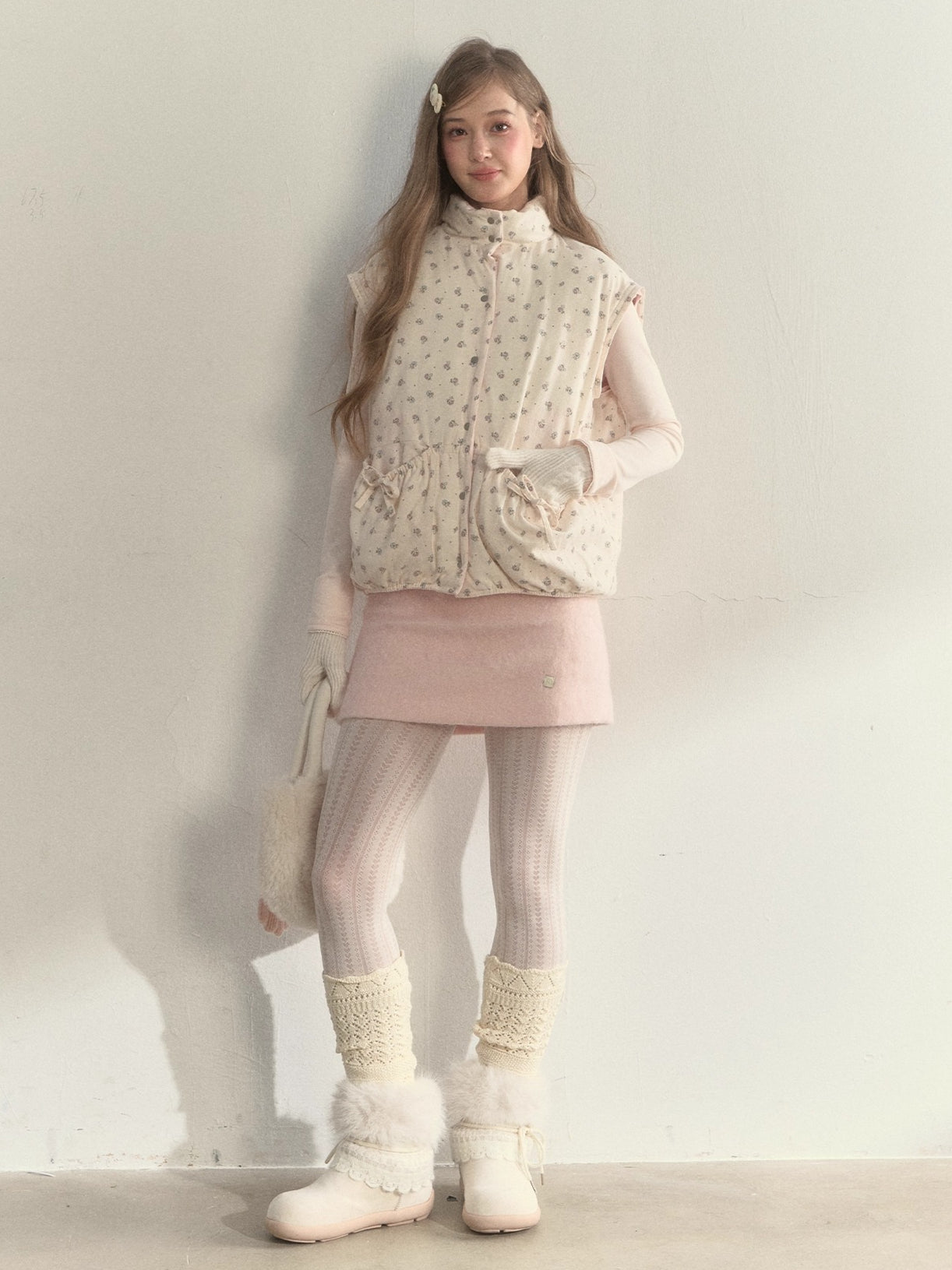 Pink Detachable-Sleeve Corduroy Floral Reversible Jacket