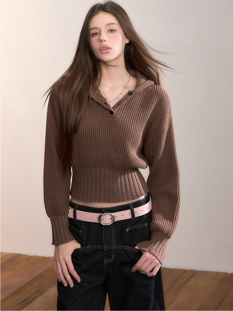 Ribbed Hooded Knit Pullover Sweater