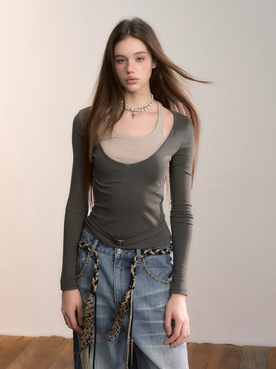 Belted Contrast Panel Knit Layered T-Shirt