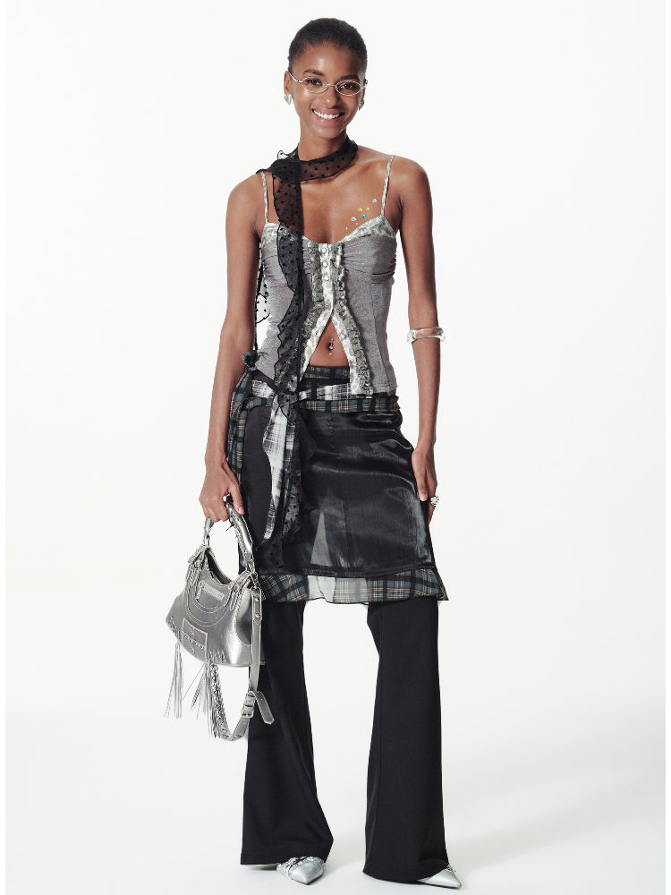 Contrast Plaid Ribbon-pieced Ruffled Skort