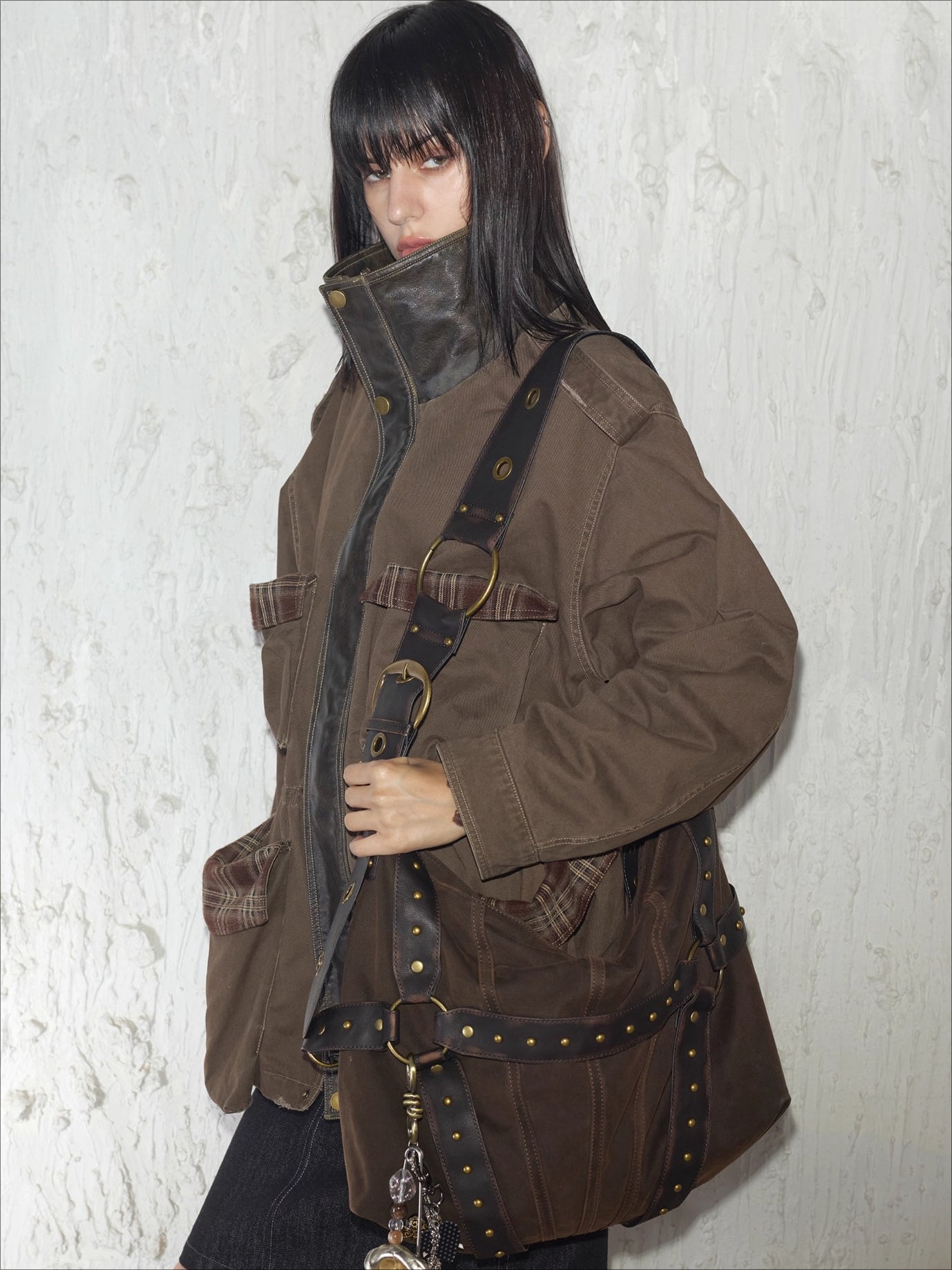 Vintage Studded Wide-Strap Crossbody Bag