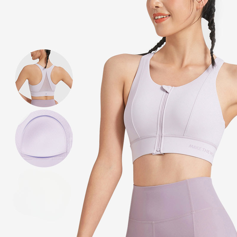 Front Zip Easy-wear Mesh-panelled Sports Bra