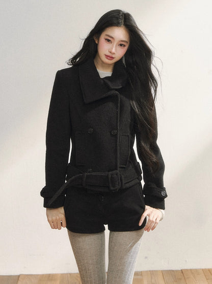 Black Wool-Blend Detachable Hem Double-Breasted Coat