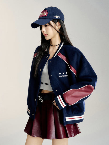 Navy Block Faux Leather Baseball Jacket