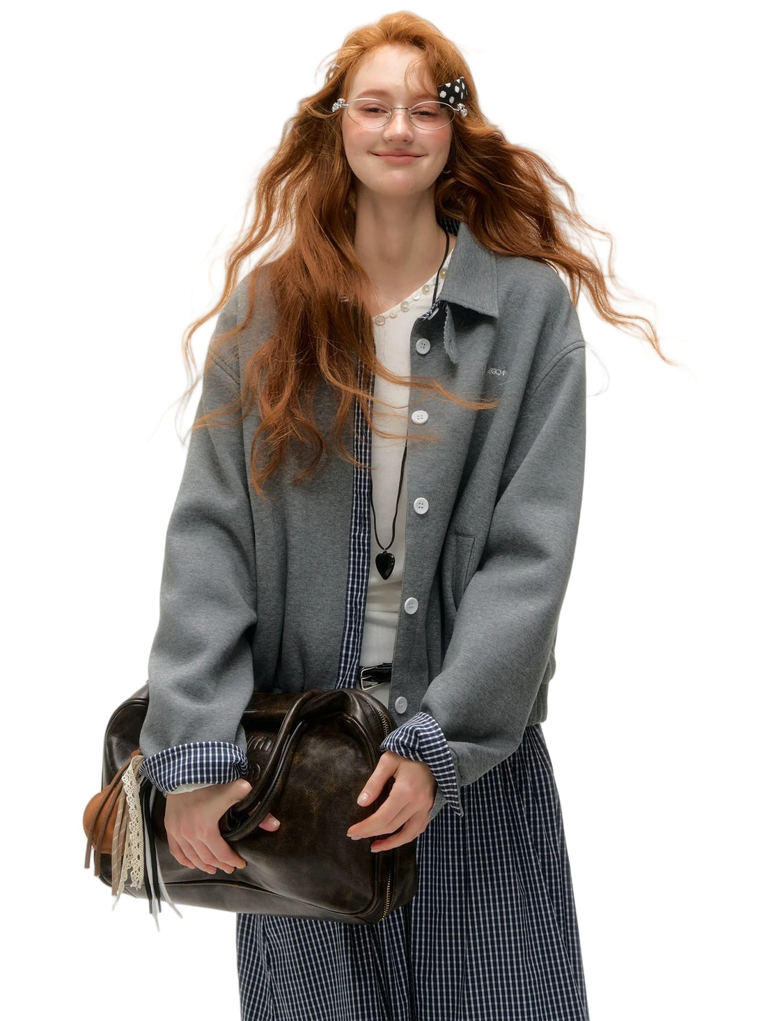 Plaid Panel Embroidered Collar Jacket