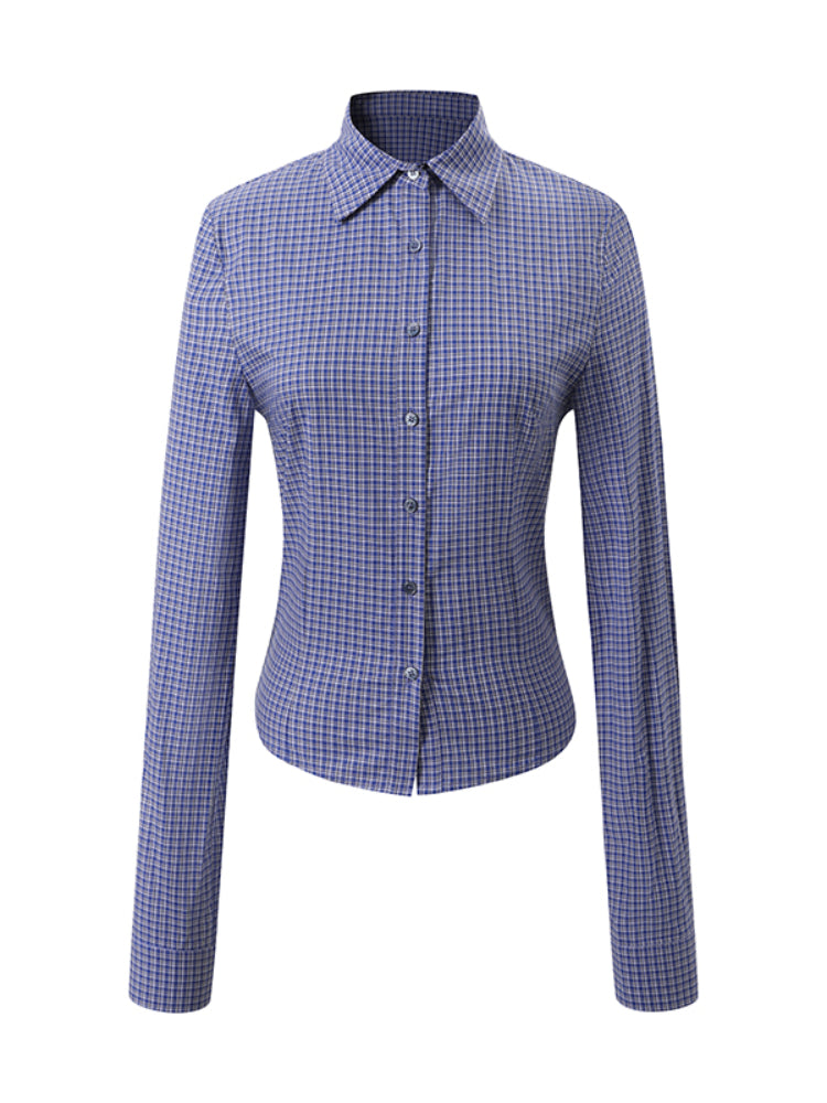 Waist-Cinched Slim Fit Plaid Long-Sleeve Shirt