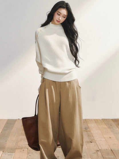 Asymmetric Buttoned White Knit Sweater