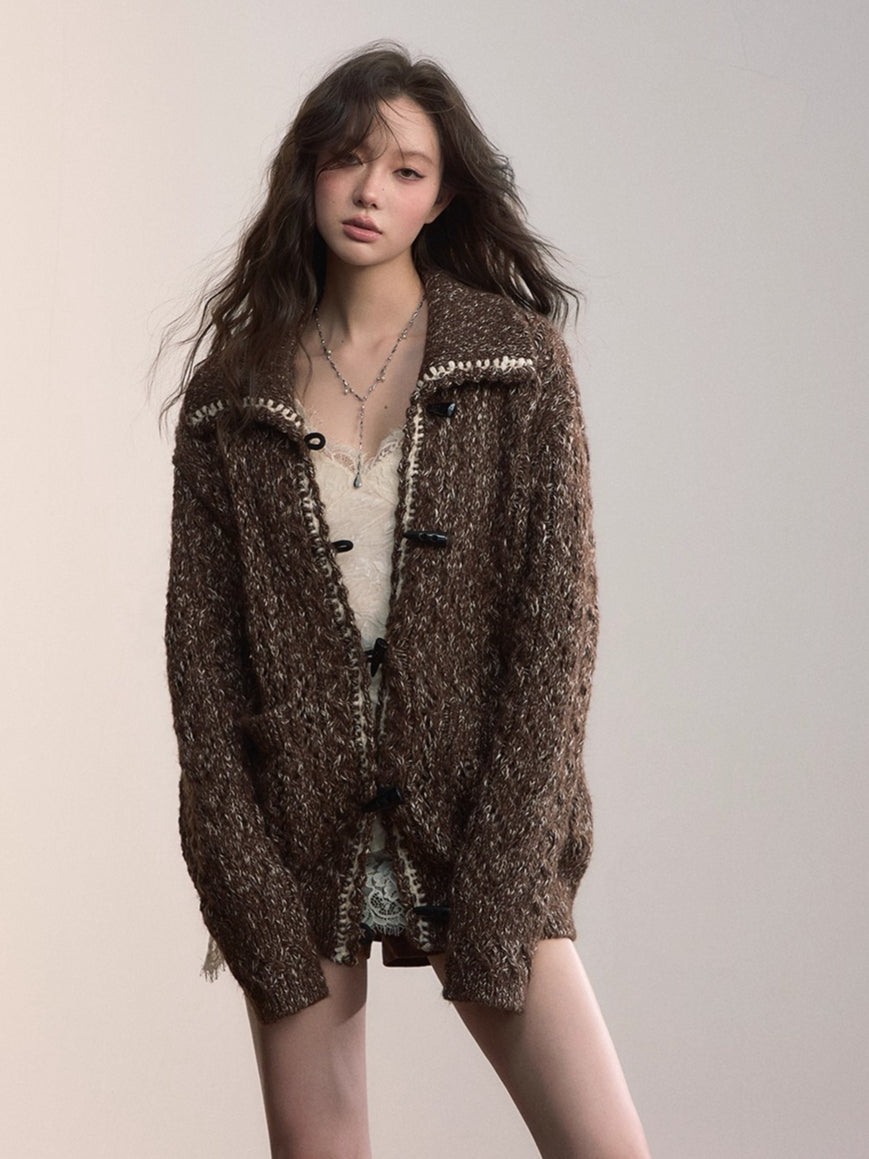 Heavy-Knit Toggle Wool-Blend Cardigan with Matching Scarf
