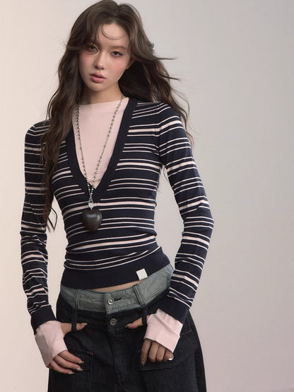 Contrast Stripe Fitted Knit Crewneck