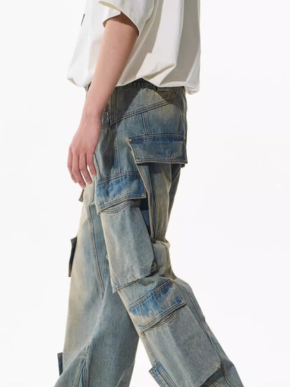 Washed Pocket-Panel Straight-Leg Denim Cargo Pants
