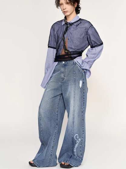 Laser Logo Seam Wide-Leg Denim Pants