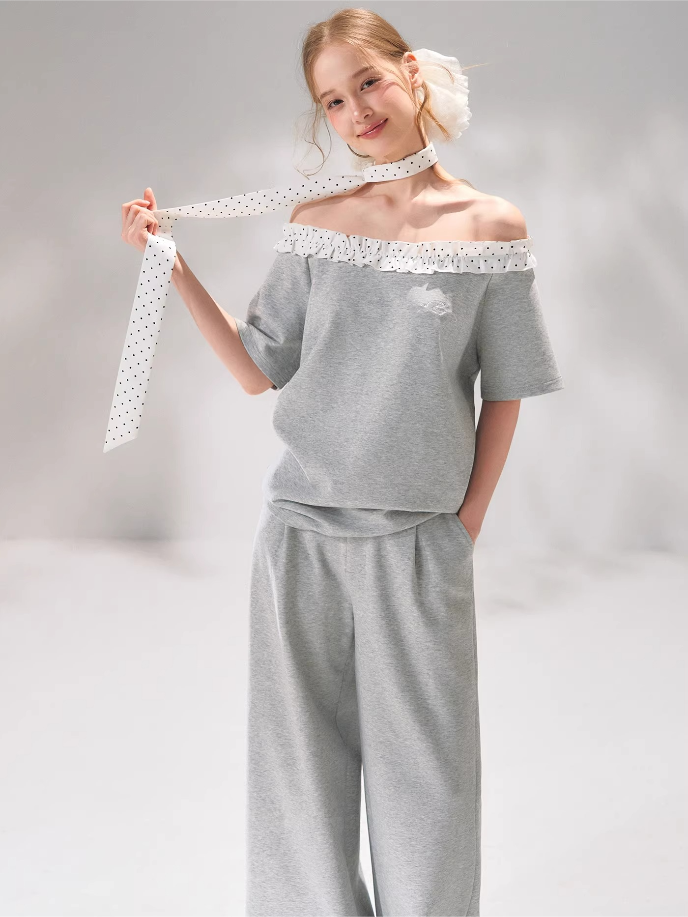 Polka Dot Ruffle Trim Off-Shoulder T-Shirt &amp; Tie-Waist Lounge Pants Set